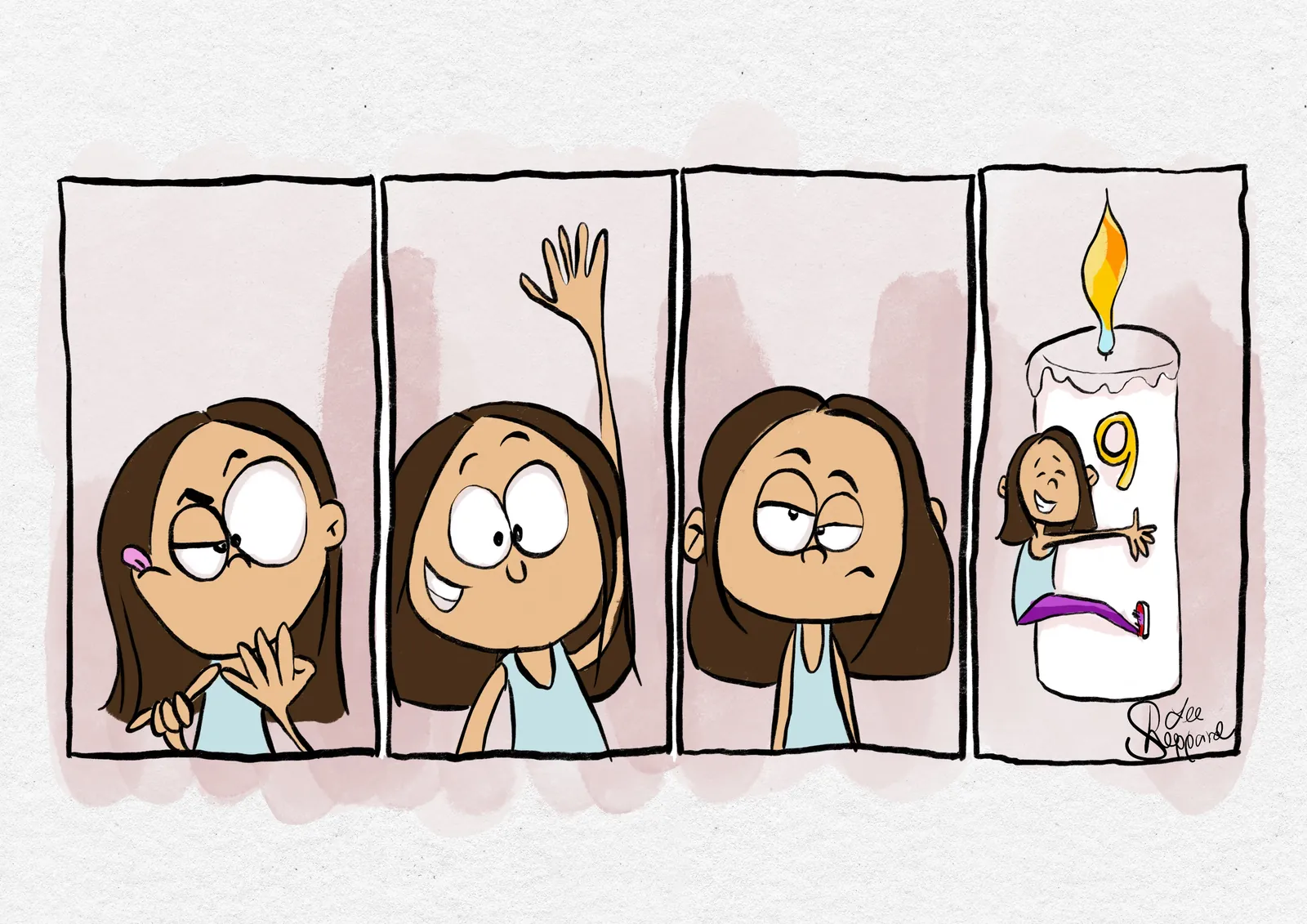 Four-panel illustration of a girl making faces, ending with her holding a candle shaped like the number nine