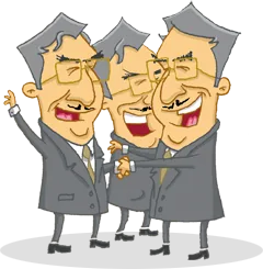 Caricature of three grey-suited politicians in a group hug